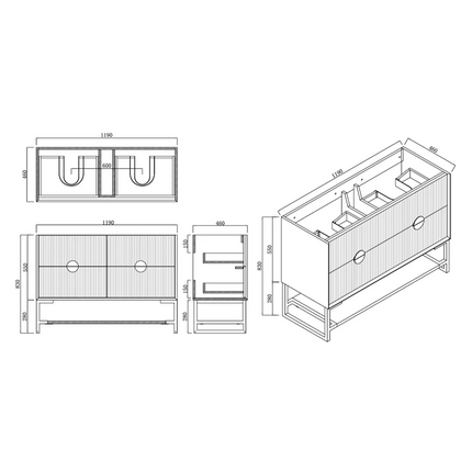 Nogi Black 1200 Wall Hung Cabinet 4 Drawers 1190X460X550