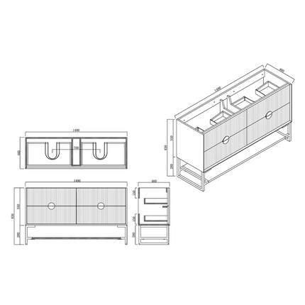 Nogi Black 1500 Wall Hung Cabinet 4 Drawers 1490X460X550