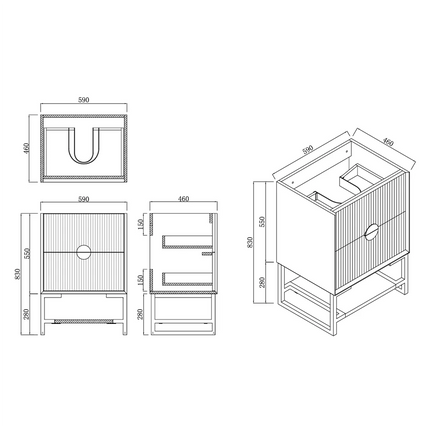 Nogi Black 600 Wall Hung Cabinet Double Drawer 590X460X550