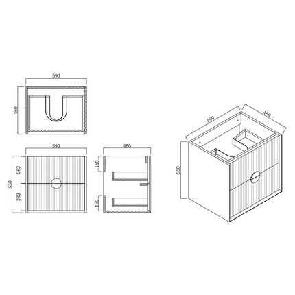Nogi Black 600 Wall Hung Cabinet Double Drawer 590X460X550