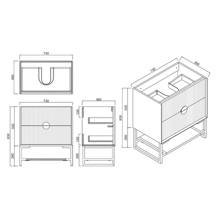 Nogi Black 750 Wall Hung Cabinet Double Drawer 740X460X550
