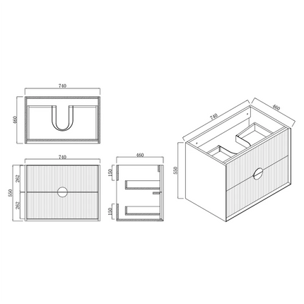 Nogi Black 750 Wall Hung Cabinet Double Drawer 740X460X550