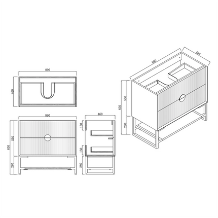 Nogi Black 900 Wall Hung Cabinet Double Drawer 890X460X550