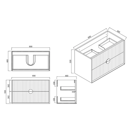 Nogi Black 900 Wall Hung Cabinet Double Drawer 890X460X550