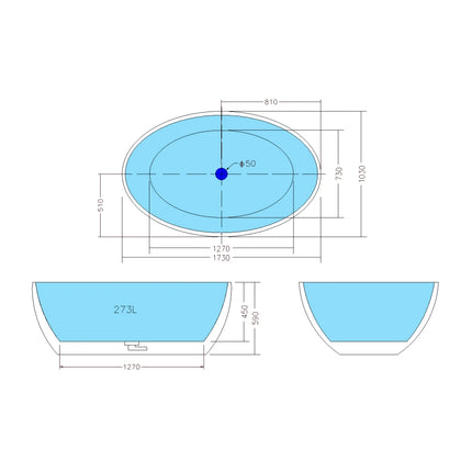 Bathroom Gloss White Lucia Floor Freestanding Bathtub with No Overflow 1730X1030X590 ,