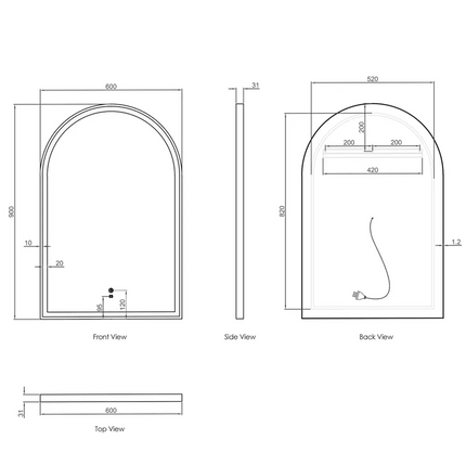 Otti Archie LED Frame Mirror 900X600 Matte Black ,