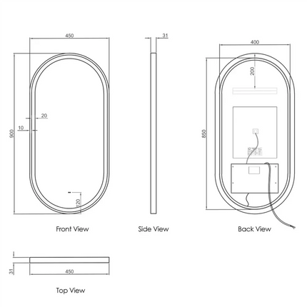 Otti Brighton LED Frame Mirror with Tuffi Glass 900X450 Matte Black ,