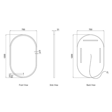 Otti Massa LED Black Frame Mirror Oval 900-1800X600/750