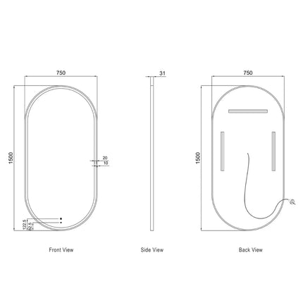 Otti Massa LED Black Frame Mirror Oval 900-1800X600/750