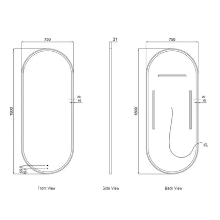 Otti Massa LED Black Frame Mirror Oval 900-1800X600/750