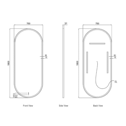 Otti Massa LED Brushed Gold Frame Mirror Oval 900-1800X600/750