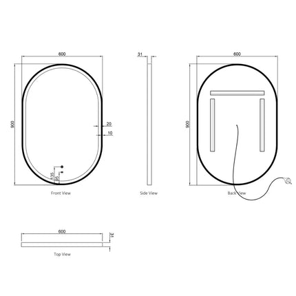 Otti Massa LED Black Frame Mirror Oval 900-1800X600/750
