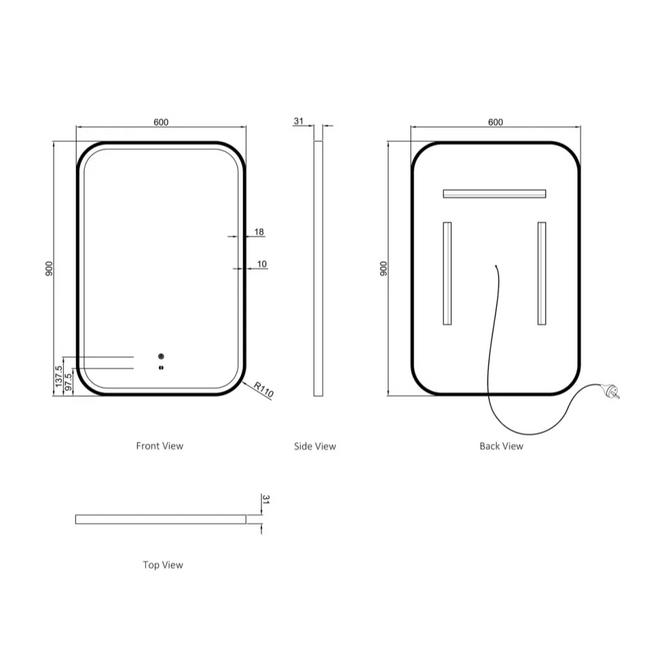Otti Newport LED Frame Mirror Soft Rectangle 900X600/1500X750 Brushed Gold