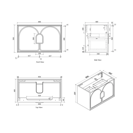 Otti Laguna Wall Hung Vanity American Black Oak 890X460X550