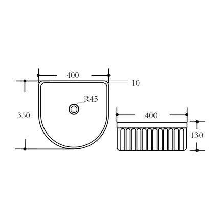 Arco Fluted Fine Ceramic Above Counter Basin Matte Black 400X350X130mm ,