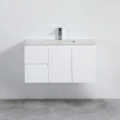 Alpha Gloss White Ensuite Wall Hung Vanity , 900mm - LH Drawer