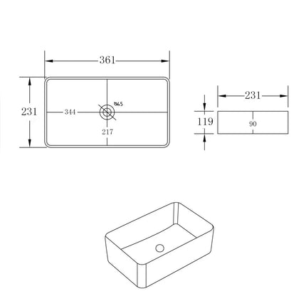 Crete Ceramic Above Counter Basin Gloss White 361 X 231 X 119mm ,
