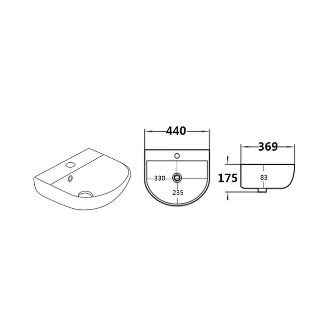 Carrida Fine Ceramic Wall Hung Basin Gloss White Overflow 440X369X175mm ,