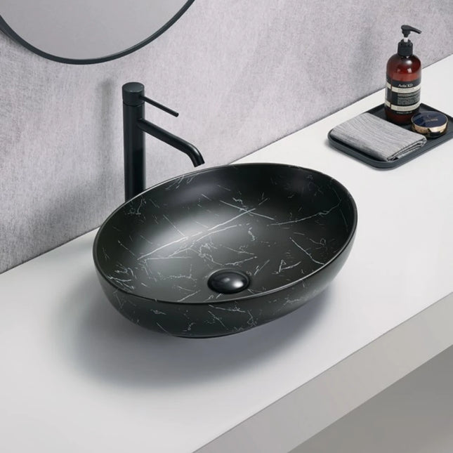 Carey Fine Ceramic Above Counter Basin Marble Matte Black 520X395X130mm ,
