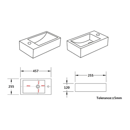 Crete Fine Ceramic Wall Hung Mini Basin Gloss White No Overflow 457X255X120mm ,