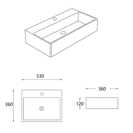 Crete Fine Ceramic Wall Hung / Above Counter Basin Gloss White No Overflow 530X360X120mm ,