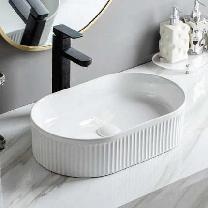 Ellips Fluted Fine Ceramic Above Counter Basin White 490X310X130mm ,