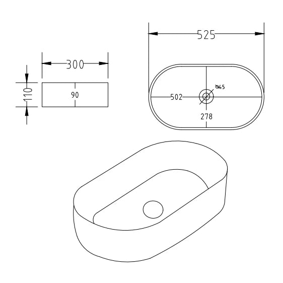 Ellips Fine Ceramic Above Counter Basins Matte Black 525X300X115mm ,