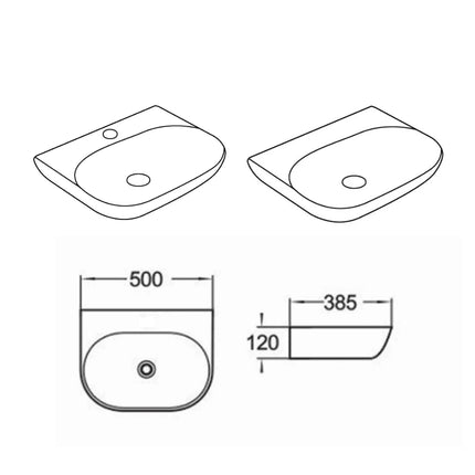 Ellips Fine Ceramic Wall Hung Basin Gloss White No Overflow 500X385X120mm ,