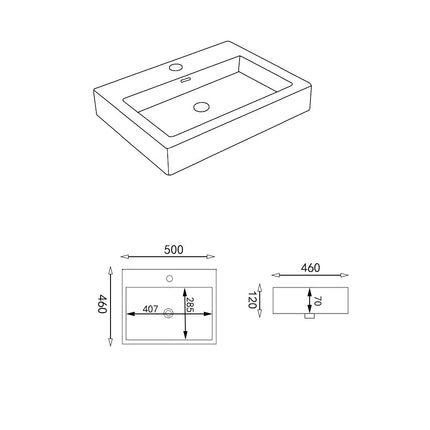 Kliff Fine Ceramic Insert Basin with Overflow and Taphole 500X460X120mm ,