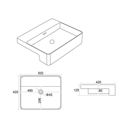 Kliff Fine Ceramic Semi Recessed Basin Gloss White No Tap Hole Overflow 502X420X125mm ,