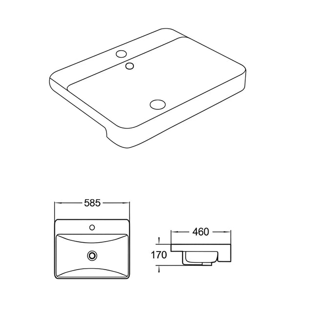 Kliff Fine Ceramic Semi Recessed Basin Gloss White Tap Hole Overflow 585X460X170mm ,