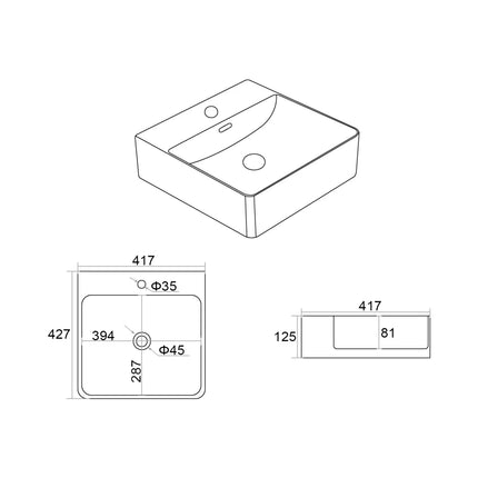 Kliff Fine Ceramic Wall Hung / Above Counter Basin Gloss White Overflow ,