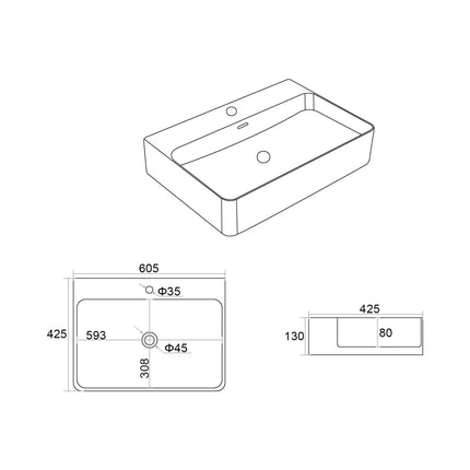Kliff Fine Ceramic Wall Hung / Above Counter Basin Gloss White Overflow ,