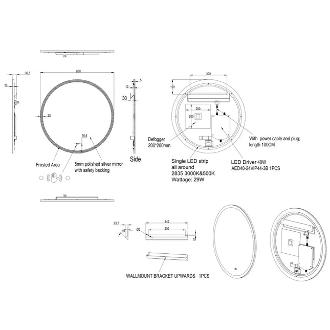 Orla LED Round Mirror with Acrylic Strip Backlit Pencil Edge 600/700/800/900mm