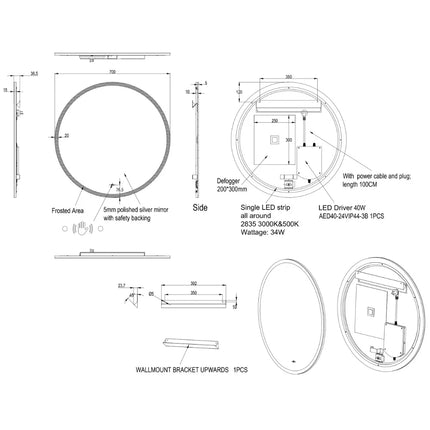 Orla LED Round Mirror with Acrylic Strip Backlit Pencil Edge 600/700/800/900mm