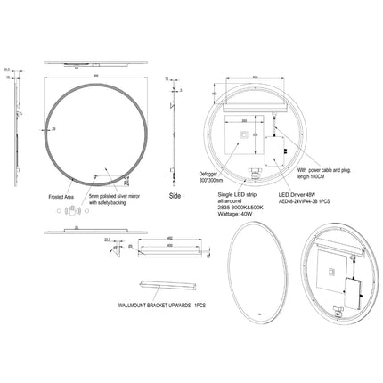 Orla LED Round Mirror with Acrylic Strip Backlit Pencil Edge 600/700/800/900mm