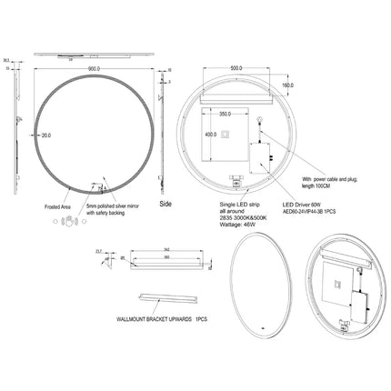 Orla LED Round Mirror with Acrylic Strip Backlit Pencil Edge 600/700/800/900mm