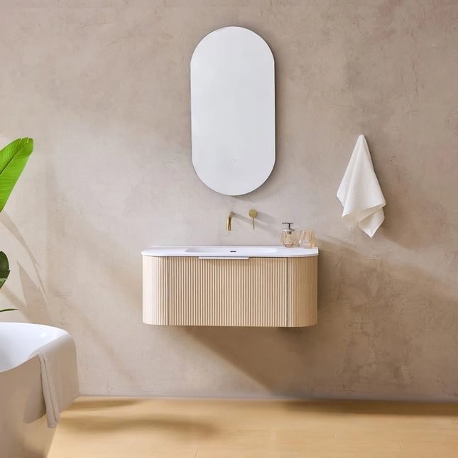 Agena Fluted Wood Grain Wall Hung Vanity Coastal Oak ,