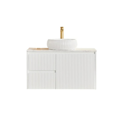 Crete Fluted Wall Hung Vanity Matte White , 900mm - LHD