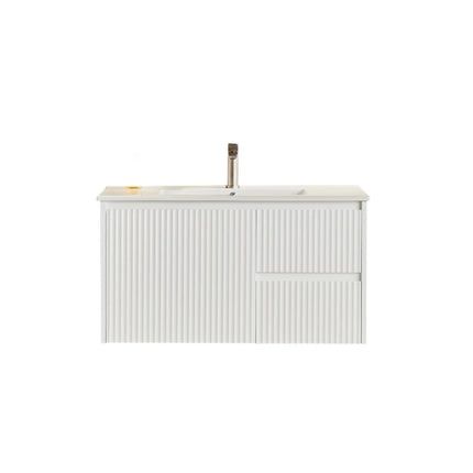 Crete Fluted Wall Hung Vanity Matte White , 900mm - RHD