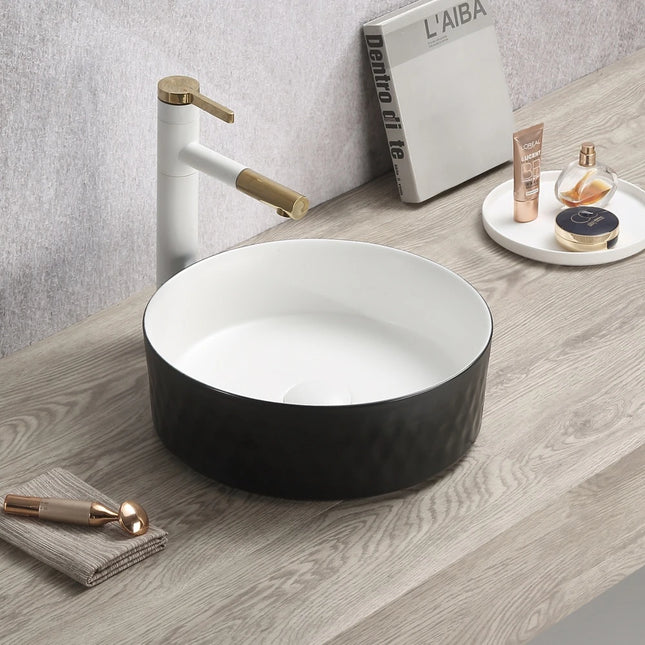 Ollia Diamond Fine Ceramic Above Counter Basin in Matt White and Matte Black 360X360X120mm , Matte Black Outside