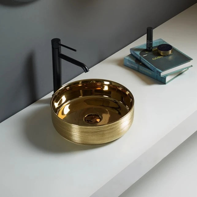 Ollia Fine Ceramic Above Counter Basin Yellow Gold with Line Pattern 345X345X115mm ,