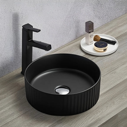Olley Fine Ceramic Fluted Round Art Basin Matte Black 360 / 400 mm ,