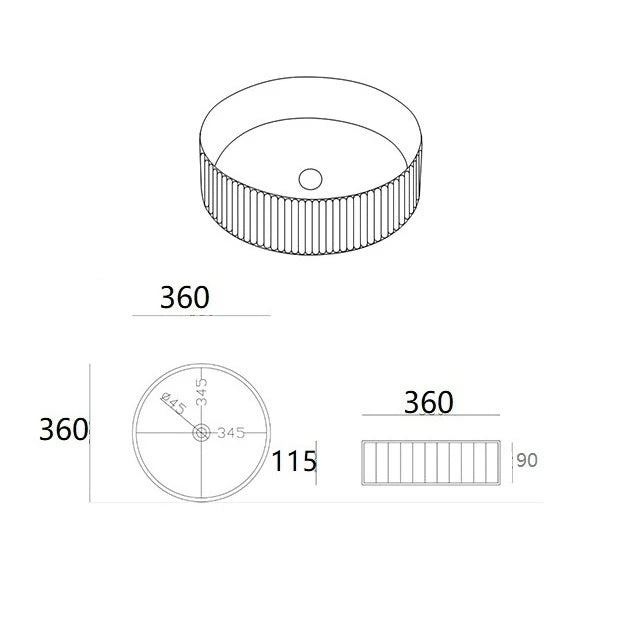 Olley Fine Ceramic Fluted Round Art Basin Matte Black 360 / 400 mm ,
