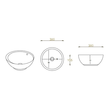 Orbi Fine Ceramic Above Counter Basin Gloss White 380 X 380 X 155mm ,