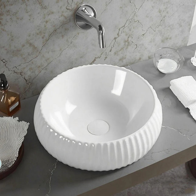 Oran Fine Ceramic Fluted Round Art Basin White 410X410X130mm , Gloss White