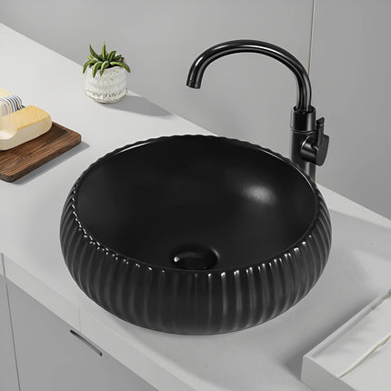 Oran Fine Ceramic Fluted Round Art Basin Matte Black 410X410X130mm ,