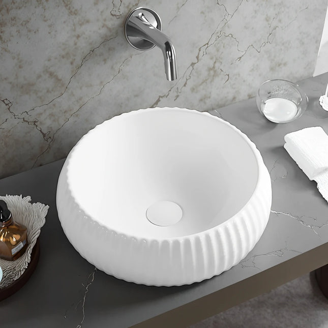 Oran Fine Ceramic Fluted Round Art Basin White 410X410X130mm , Matte White