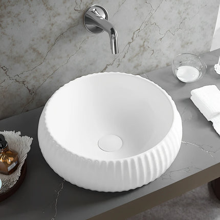 Oran Fine Ceramic Fluted Round Art Basin White 410X410X130mm , Matte White