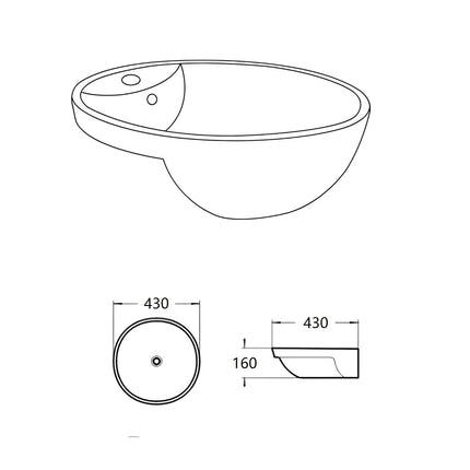 Orbi Fine Ceramic Semi Recessed Basin Gloss White 430X430X160mm ,
